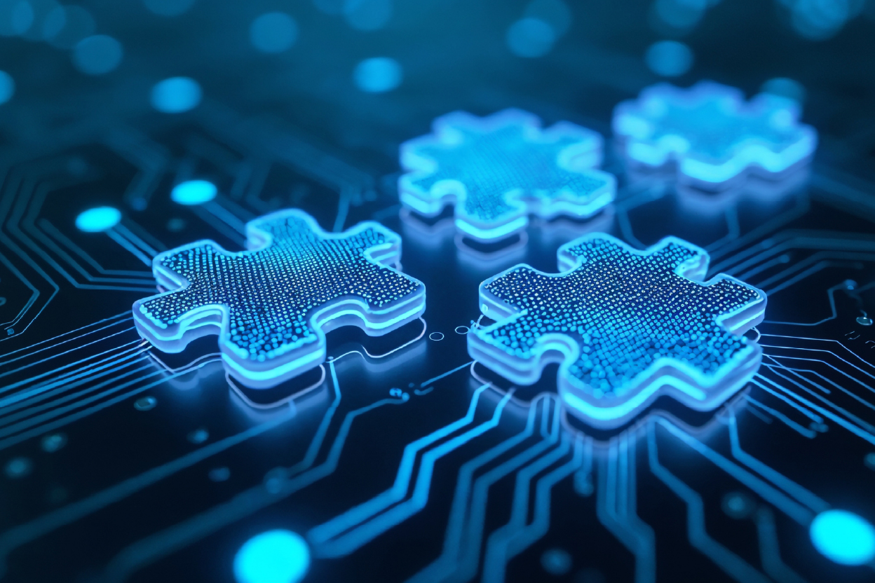 four glowing blue 3D puzzle pieces with integrated circuit patterns, neatly arranged on a complex electronic circuit board with glowing blue paths